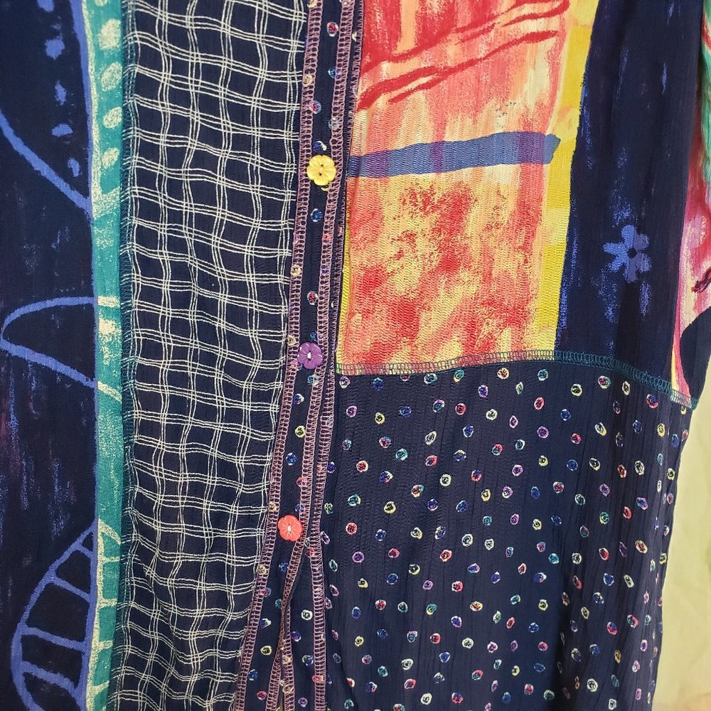 Vtg Patchwork Button Front Short Sleeve Tunic - image 3